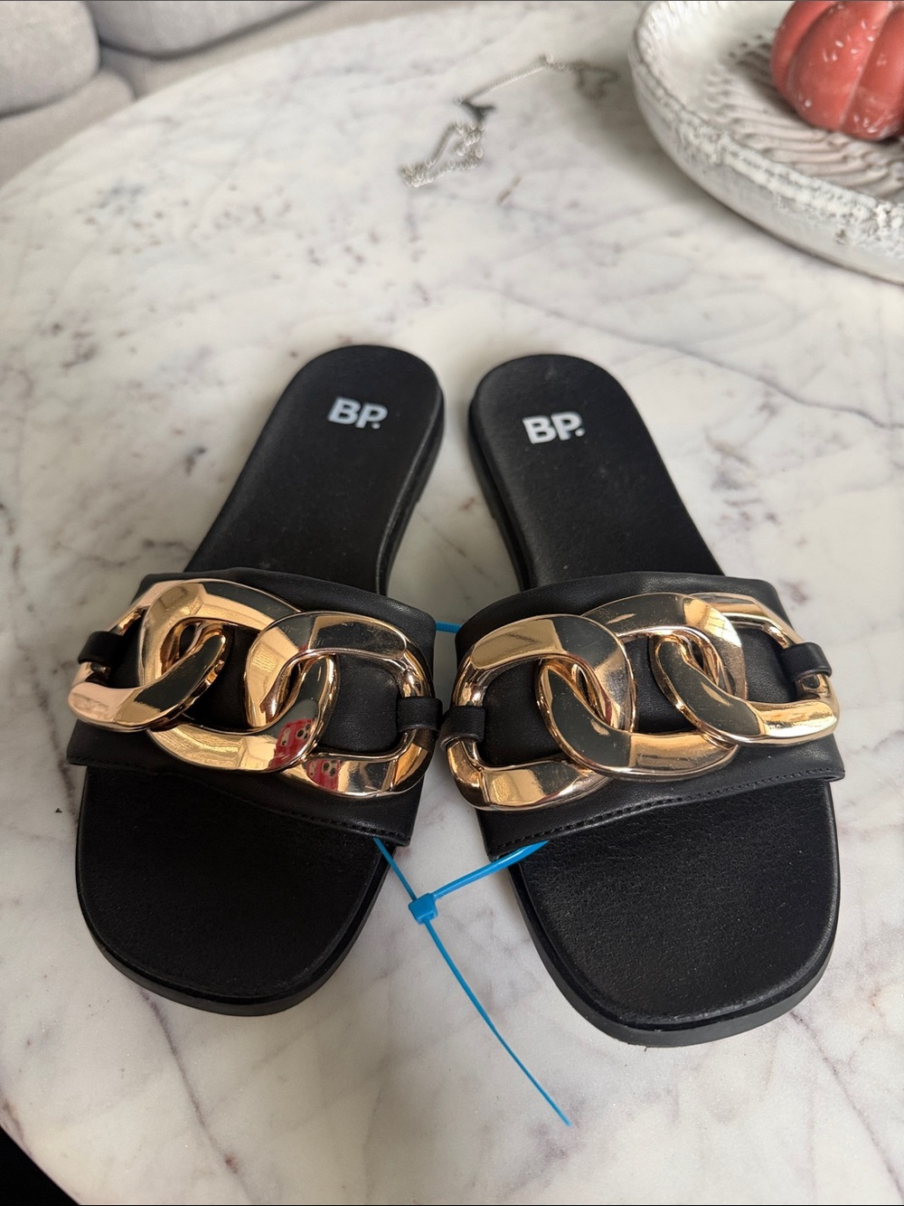 BP Nordstrom Women's Black Slide Sandals with Gold Chain Accent 6